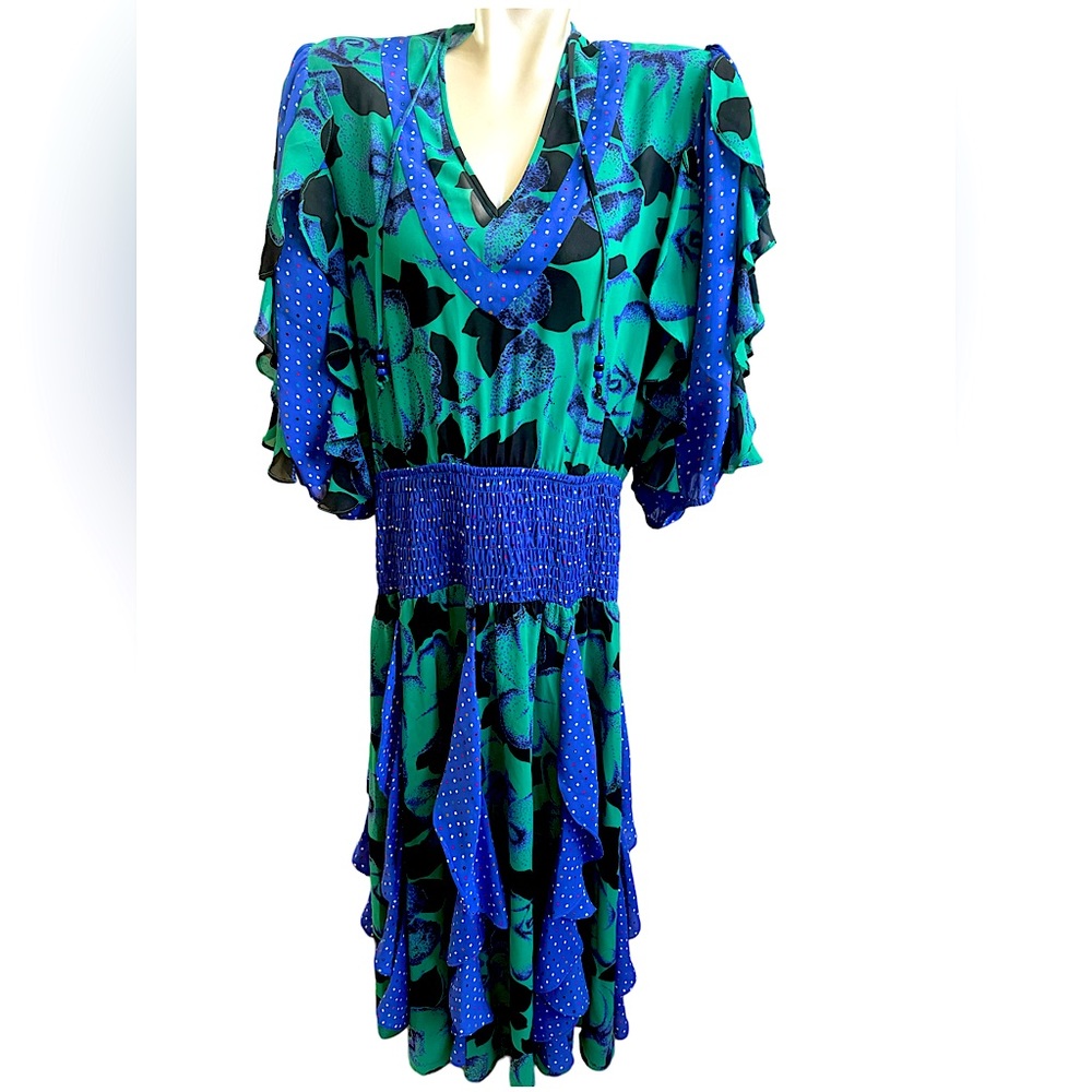 Green & Blue Floral Midi Dress with Smocked Waistband